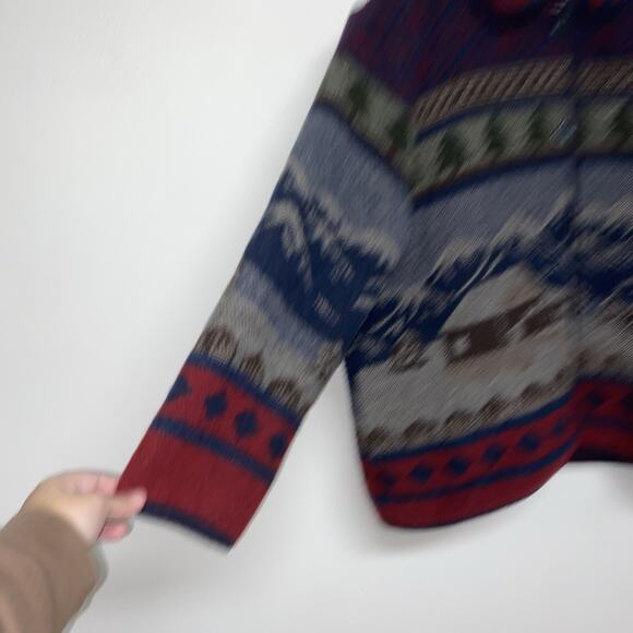 Vintage Cottagecore Jacket Unisex XL Blue Winter Mountains Cabin Wool Cardigan - Picture 2 of 9